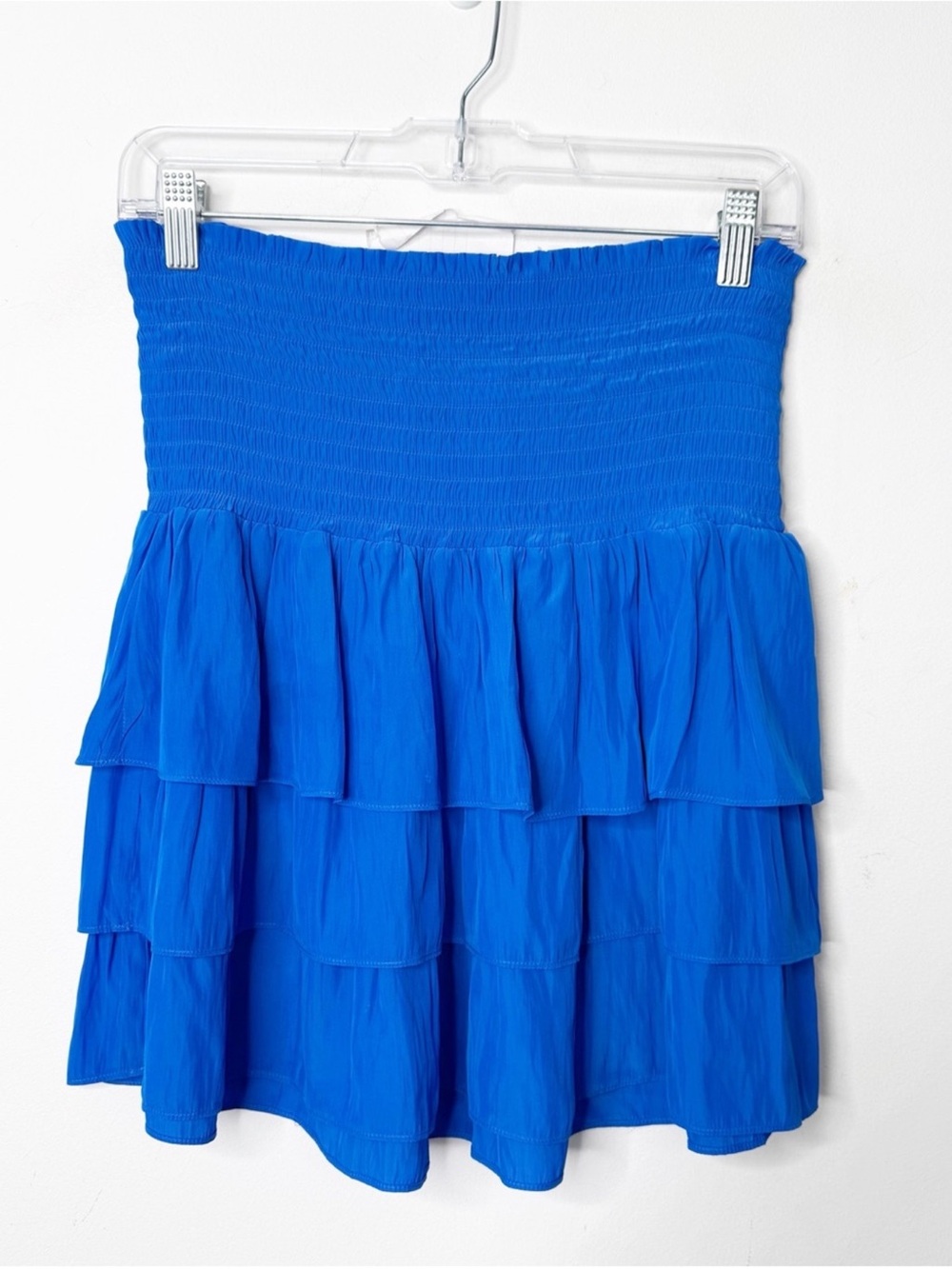 RAMY BROOK Tiered Ruffle Smocked Waist Mini Skirt in Bright Blue Sz. Large - Picture 2 of 3